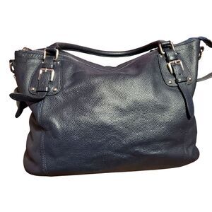 Heshe Large Dark Navy Blue Pebble Leather Double Handle Hobo Bag
